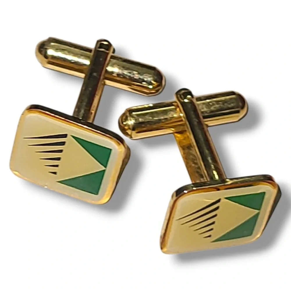 Vintage Gold Tone Green Cream Enamel Geometric Cufflinks Men's Retro Mid Century